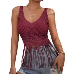 imageVerdusa 70s Outfits for Women Guipure Fringe V Neck Sleevelss Crop Tank TopsBurgundy