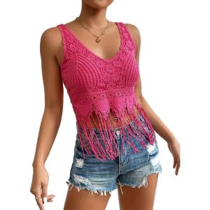 imageVerdusa 70s Outfits for Women Guipure Fringe V Neck Sleevelss Crop Tank TopsHot Pink Lace