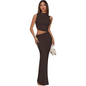 imageVerdusa Two Piece Sets For Women Going Out Tops and Bodycon Maxi Skirt Set Vacation OutfitsBrown