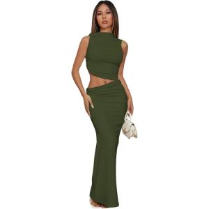 imageVerdusa Two Piece Sets For Women Going Out Tops and Bodycon Maxi Skirt Set Vacation OutfitsDeep Green