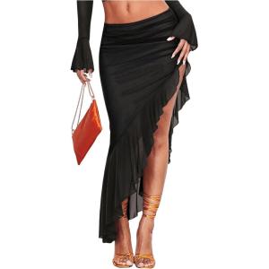 imageVerdusa Womens Asymmetrical High Slit Mesh Long Skirts Ruffle Hem Ruched Flowy Bodycon SkirtBlack