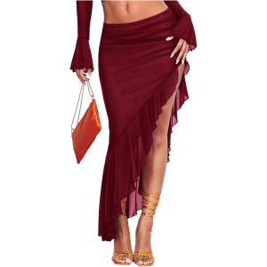 imageVerdusa Womens Asymmetrical High Slit Mesh Long Skirts Ruffle Hem Ruched Flowy Bodycon SkirtBurgundy