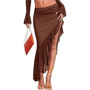 imageVerdusa Womens Asymmetrical High Slit Mesh Long Skirts Ruffle Hem Ruched Flowy Bodycon SkirtCoffee Brown