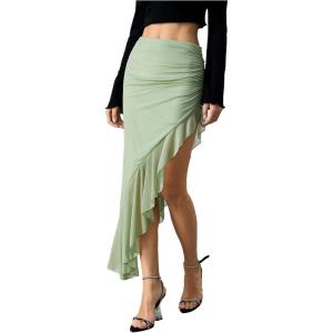 imageVerdusa Womens Asymmetrical High Slit Mesh Long Skirts Ruffle Hem Ruched Flowy Bodycon SkirtMint Green