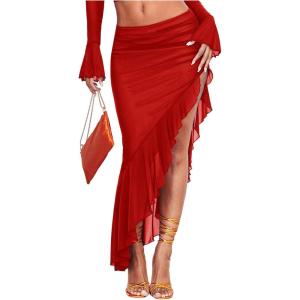 imageVerdusa Womens Asymmetrical High Slit Mesh Long Skirts Ruffle Hem Ruched Flowy Bodycon SkirtRed