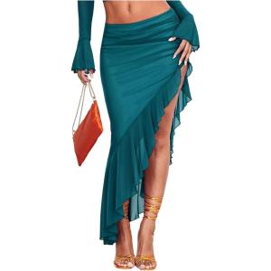 imageVerdusa Womens Asymmetrical High Slit Mesh Long Skirts Ruffle Hem Ruched Flowy Bodycon SkirtTeal Blue