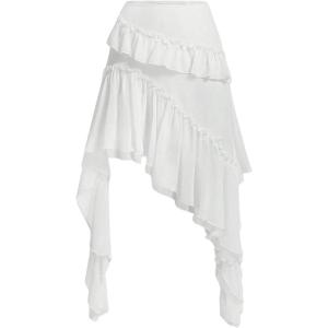 imageVerdusa Womens Asymmetrical Ruffle Trim High Waist High Low Midi SkirtWhite