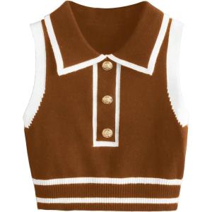 imageVerdusa Womens Button Front Striped Collar Sleeveless Sweater Vest Knit TopBrown and White