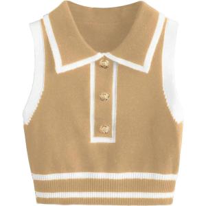 imageVerdusa Womens Button Front Striped Collar Sleeveless Sweater Vest Knit TopKhaki and White