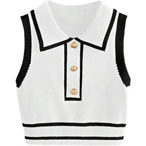 imageVerdusa Womens Button Front Striped Collar Sleeveless Sweater Vest Knit TopWhite and Black