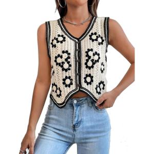 imageVerdusa Womens Button Front V Neck Sleeveless Floral Pattern Knit Sweater VestBeige