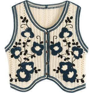 imageVerdusa Womens Button Front V Neck Sleeveless Floral Pattern Knit Sweater VestBeige Blue
