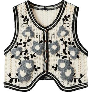 imageVerdusa Womens Button Front V Neck Sleeveless Floral Pattern Knit Sweater VestBeige Grey