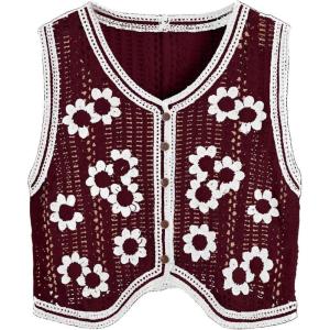 imageVerdusa Womens Button Front V Neck Sleeveless Floral Pattern Knit Sweater VestRed and White