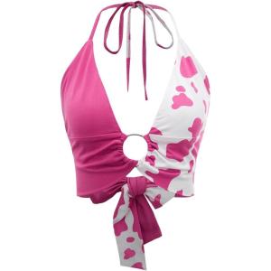 imageVerdusa Womens Cow Print O Ring Deep V Neck Tie Backless Crop Halter TopWhite Hot Pink