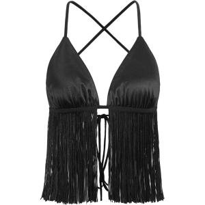 imageVerdusa Womens Crisscross Tie Backless Fringe Hem Sleeveless Satin Crop Cami TopBlack
