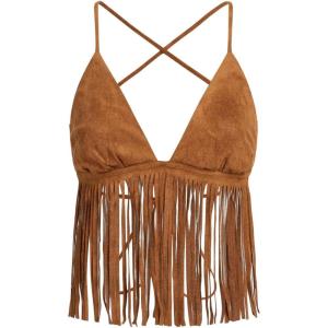 imageVerdusa Womens Crisscross Tie Backless Fringe Hem Sleeveless Satin Crop Cami TopBrown