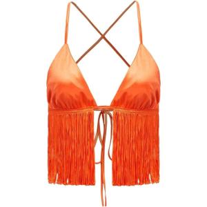 imageVerdusa Womens Crisscross Tie Backless Fringe Hem Sleeveless Satin Crop Cami TopOrange