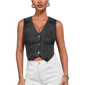 imageVerdusa Womens Denim Vest Button Up V Neck Sleeveless Jean Vest Top Corset Top Jean Crop TopBlack