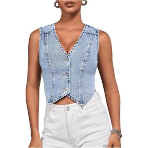 imageVerdusa Womens Denim Vest Button Up V Neck Sleeveless Jean Vest Top Corset Top Jean Crop TopBlue