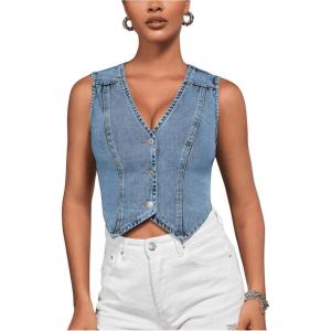 imageVerdusa Womens Denim Vest Button Up V Neck Sleeveless Jean Vest Top Corset Top Jean Crop TopDark Blue