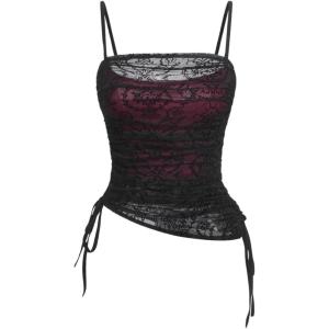 imageVerdusa Womens Floral Print Mesh Ruched Drawstring Y2K Cami Top Goth TopBlack