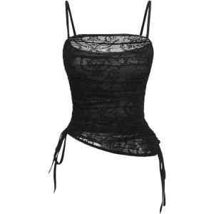imageVerdusa Womens Floral Print Mesh Ruched Drawstring Y2K Cami Top Goth TopBlack Plain
