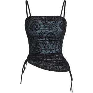 imageVerdusa Womens Floral Print Mesh Ruched Drawstring Y2K Cami Top Goth TopBlue