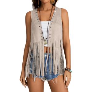 imageVerdusa Womens Fringe Rivets Sleeveless Vest Cardigan Casual Tassel OuterwearApricot