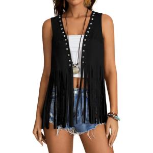 imageVerdusa Womens Fringe Rivets Sleeveless Vest Cardigan Casual Tassel OuterwearBlack