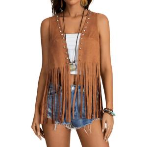 imageVerdusa Womens Fringe Rivets Sleeveless Vest Cardigan Casual Tassel OuterwearBrown