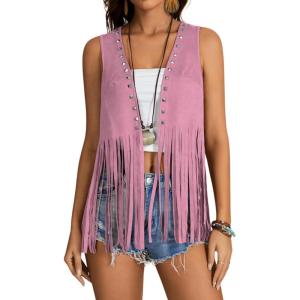 imageVerdusa Womens Fringe Rivets Sleeveless Vest Cardigan Casual Tassel OuterwearDusty Pink