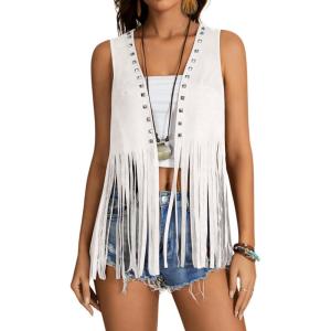 imageVerdusa Womens Fringe Rivets Sleeveless Vest Cardigan Casual Tassel OuterwearWhite