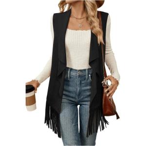 imageVerdusa Womens Fringe Vest 70s Hippie Sleeveless Western Faux Suede Cardigan OuterwearBlack
