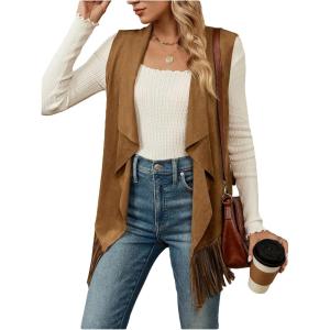 imageVerdusa Womens Fringe Vest 70s Hippie Sleeveless Western Faux Suede Cardigan OuterwearBrown