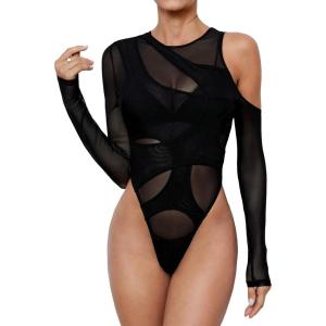 imageVerdusa Womens Long Sleeve Asymmetrical Neck Cut Out Mesh Bodysuit Without LingerieBlack