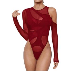 imageVerdusa Womens Long Sleeve Asymmetrical Neck Cut Out Mesh Bodysuit Without LingerieBurgundy