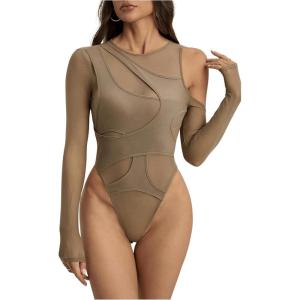 imageVerdusa Womens Long Sleeve Asymmetrical Neck Cut Out Mesh Bodysuit Without LingerieMocha Brown