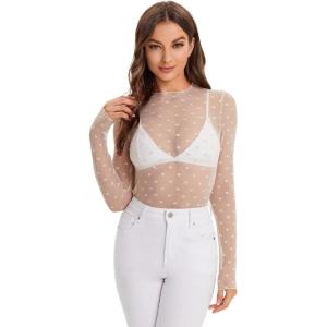imageVerdusa Womens Long Sleeve Lettuce Trim Fitted Sheer Mesh Tee TopPolka Dots Apricot