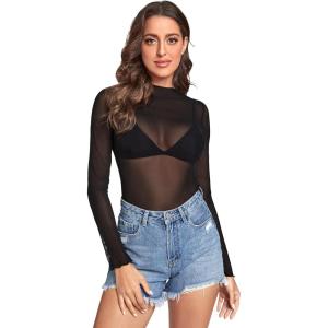 imageVerdusa Womens Long Sleeve Lettuce Trim Fitted Sheer Mesh Tee TopSolid Black