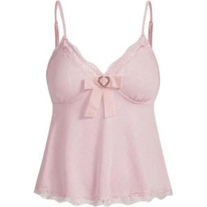 imageVerdusa Womens Ruffle Heart Lace Camisole Tops Bow Front V Neck Sleeveless Peplum Tops Y2k TopsPink