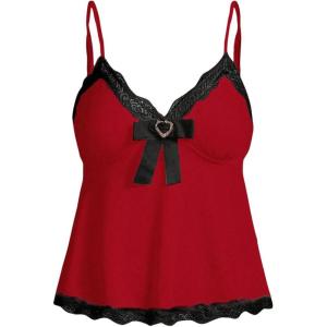 imageVerdusa Womens Ruffle Heart Lace Camisole Tops Bow Front V Neck Sleeveless Peplum Tops Y2k TopsRed