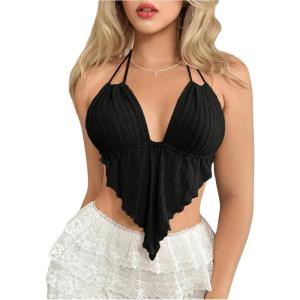 imageVerdusa Womens Sexy Leopard Print Deep V Halter Crop Tops Ruffle Going Out Top Party ClubwearBlack