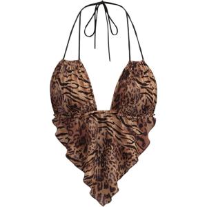 imageVerdusa Womens Sexy Leopard Print Deep V Halter Crop Tops Ruffle Going Out Top Party ClubwearBrown
