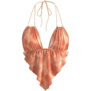 imageVerdusa Womens Sexy Leopard Print Deep V Halter Crop Tops Ruffle Going Out Top Party ClubwearOrange