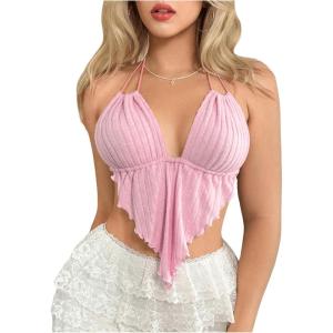 imageVerdusa Womens Sexy Leopard Print Deep V Halter Crop Tops Ruffle Going Out Top Party ClubwearPink