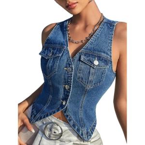 imageVerdusa Womens Sleeveless Button Front V Neck Sleeveless Asymmetrical Denim Vest TopBlue