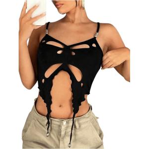 imageVerdusa Womens Sleeveless Crop Top Cut Out Asymmetrical Hem Slim Fit Cami TopBlack
