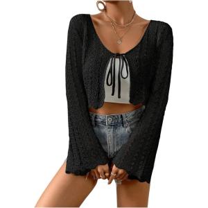 imageVerdusa Womens Tie Front Bell Long Sleeve Scalloped Crop Cardigan Knit TopSolid Black