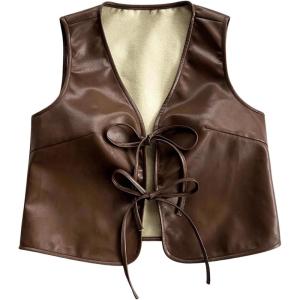 imageVerdusa Womens Western Leather Vest Bow Tie Front V Neck Sleeveless Lightweight Jacket OuterwearBrown